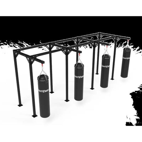 SportCom Proboxe Wandstation für Sandsäcke, Render der langen Station mit fünf Sandsäcken, hell