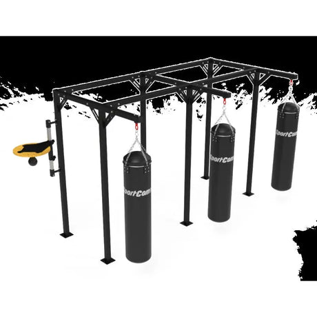 SportCom Proboxe Wandstation für Sandsäcke, Render mit Speedball und drei Sandsäcken, hell