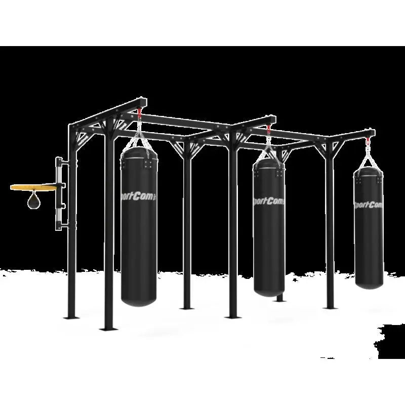 SportCom Proboxe Wandstation für Sandsäcke, Render mit vier Sandsäcken und Speedball vor Schwarz