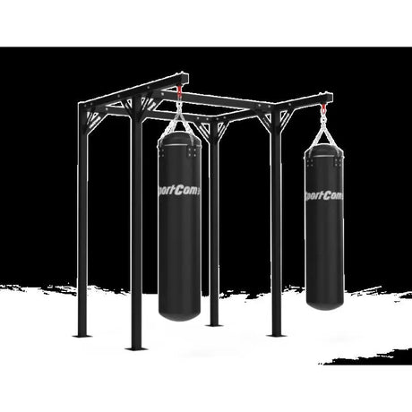 SportCom Proboxe Wandstation für Sandsäcke, Render mit zwei Sandsäcken vor schwarzem Hintergrund