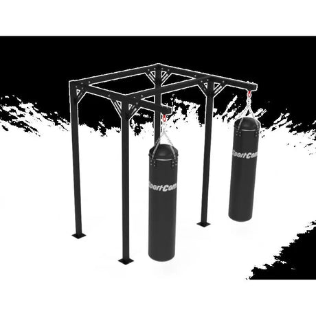 SportCom Proboxe Wandstation für Sandsäcke, Render mit zwei Sandsäcken vor hellem Hintergrund