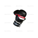 SportCom PU-Sparringshandschuhe, Variante 16 oz in Schwarz mit roter Manschette, Schrägansicht