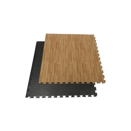 SportCom Puzzlematten 2 cm Schwarz/Holz, zwei Mattenflächen versetzt übereinander von oben