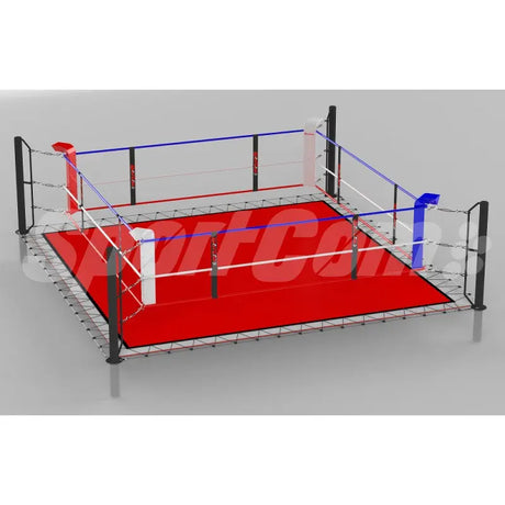 SportCom Ringplane für Bodenmontage-Boxringe – Variante 6 × 6 m: Grafik mit roter Plane und blau-roten Ecken