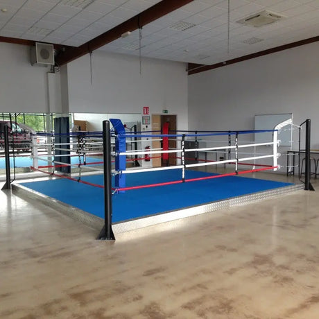SportCom Ringplane für Podium-Trainingsringe – Blaue Plane auf dem Podiumring auf Holzboden