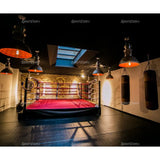 SportCom Ringplane für Podium-Trainingsringe – Rote Plane im Podiumring eines dunklen Studios mit Boxsäcken