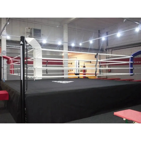SportCom Ringplane für Wettkampf-Boxringe: Ring mit schwarzer Plane in einem Trainingsraum mit Lichtreihen