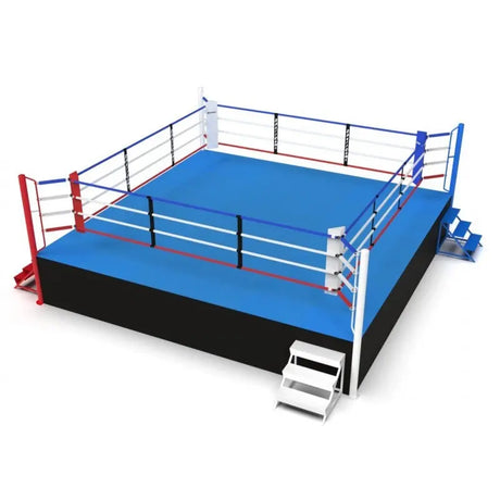 SportCom Ringplane für Wettkampf-Boxringe: Visualisierung eines Rings mit blauer Plane und weißer Treppe