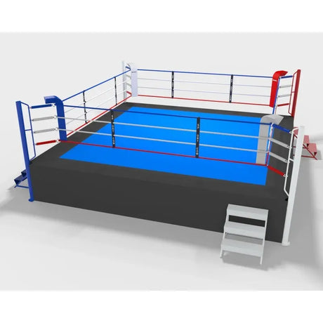 SportCom Ringplane für Wettkampf-Boxringe: Visualisierung eines Rings mit hellblauer Plane und Treppe