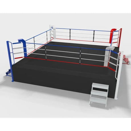 SportCom Ringplane für Wettkampf-Boxringe: Visualisierung eines Rings mit schwarzer Plane und Treppe