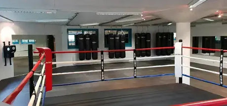 SportCom Trainings-Boxring mit 15 cm Podium, Detail der roten Ecke mit Seilen in einer Halle