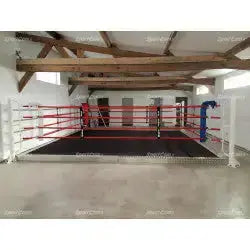 SportCom Trainings-Boxring mit 15 cm Podium, in einer Halle mit Holzbalken und roten Seilen