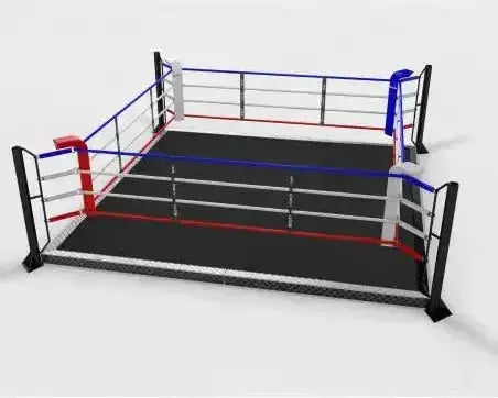 SportCom Trainings-Boxring mit 15 cm Podium, Render mit schwarzem Boden und roten und blauen Ecken