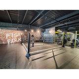 SportCom Trainingsboxring mit 15 cm Podium, in einem Gym mit Backsteinwand und Kraftgeräten