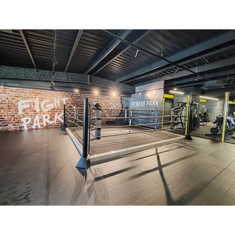 SportCom Trainingsboxring mit 15 cm Podium, in einem Gym mit Backsteinwand und Kraftgeräten