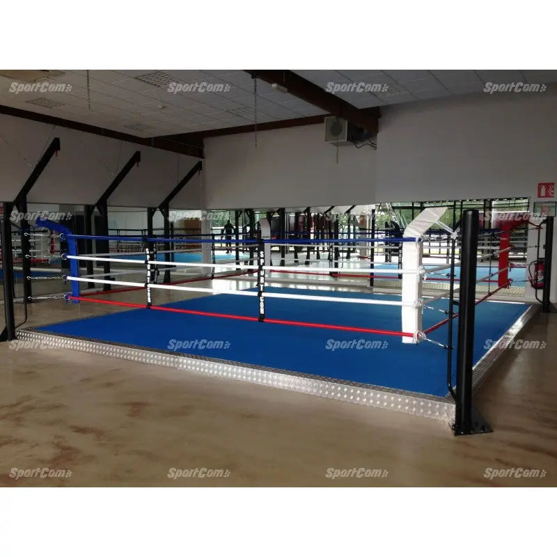 SportCom Trainingsboxring mit 15 cm Podium, in einer großen Halle mit blauem Boden