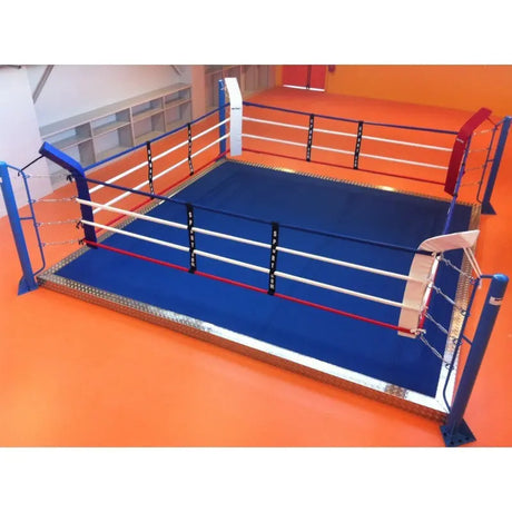 SportCom Trainingsboxring mit 15 cm Podium, auf orangem Boden mit blauer Fläche, von oben