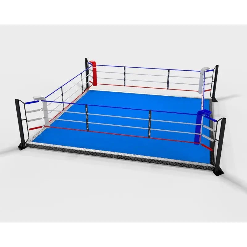 SportCom Trainingsboxring mit 15 cm Podium, Render der Variante 6 x 6 m mit blauem Boden