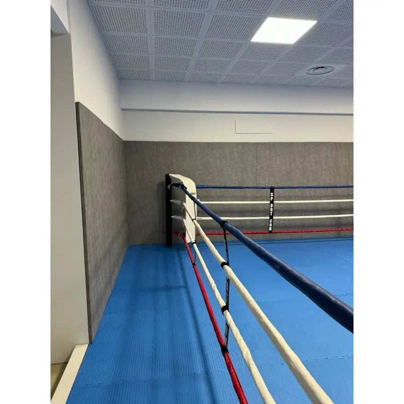SportCom Trainingsboxring-Seil mit Hülle, Ringseite mit Seilen in Blau, Weiß und Rot entlang der Wand