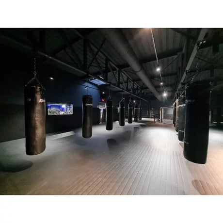 SportCom Überkopf-Förderschiene für Sandsäcke, in einem dunklen Gym mit Bildschirm an der Wand