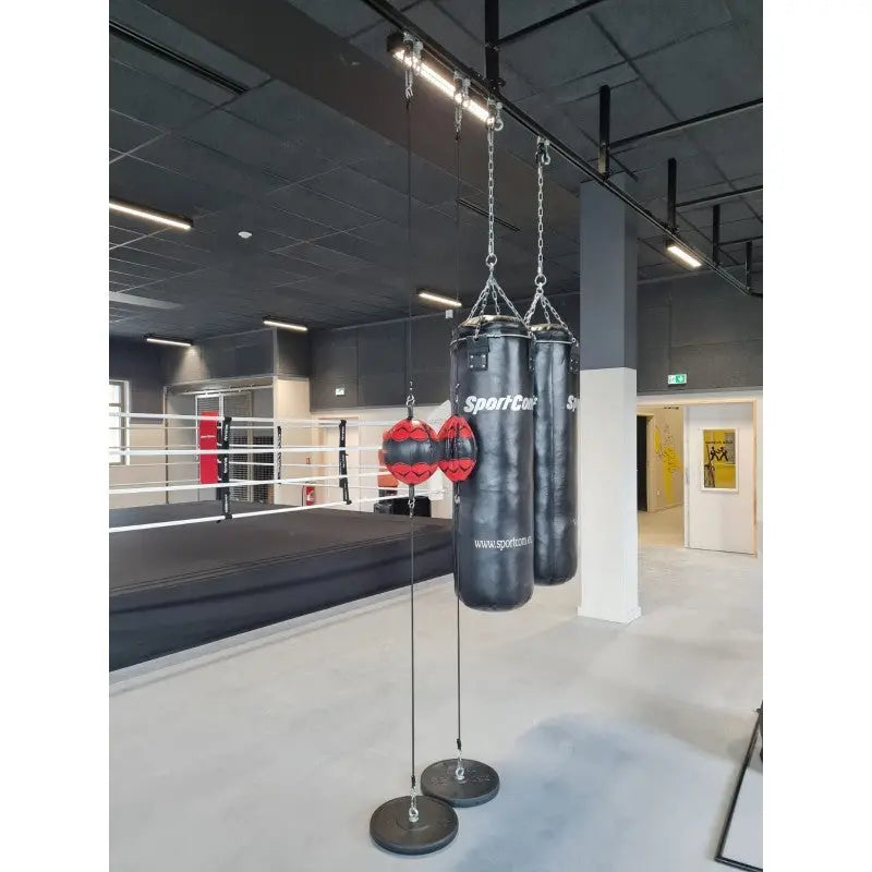 SportCom Überkopf-Förderschiene für Sandsäcke, in einem Gym mit Boxring und Punchingbällen