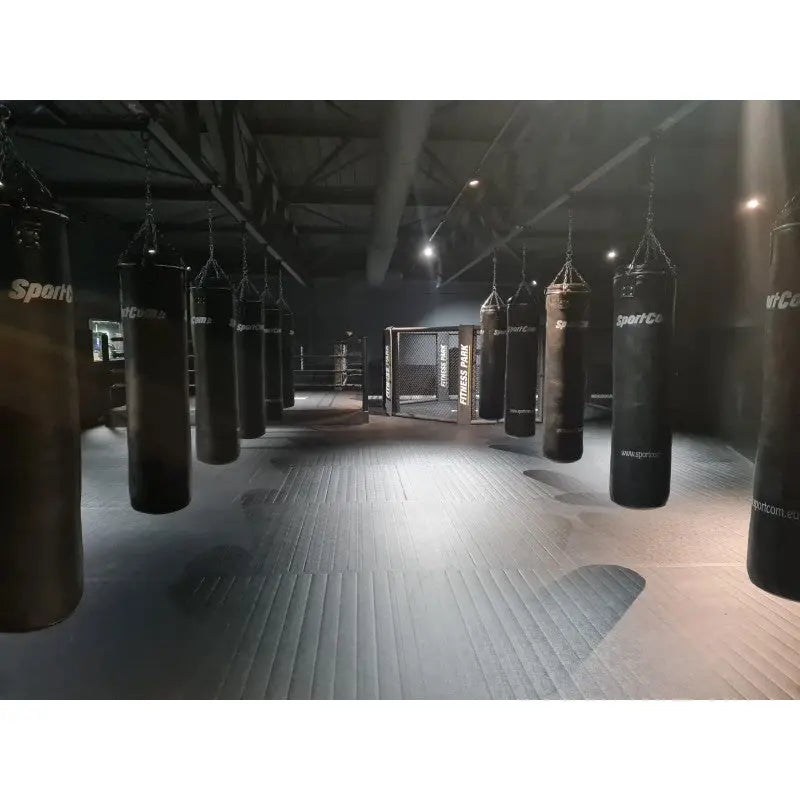 SportCom Überkopf-Förderschiene für Sandsäcke, in einem dunklen Gym mit langen Sandsackreihen