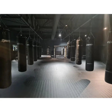 SportCom Überkopf-Förderschiene für Sandsäcke, in einem dunklen Gym mit langen Sandsackreihen