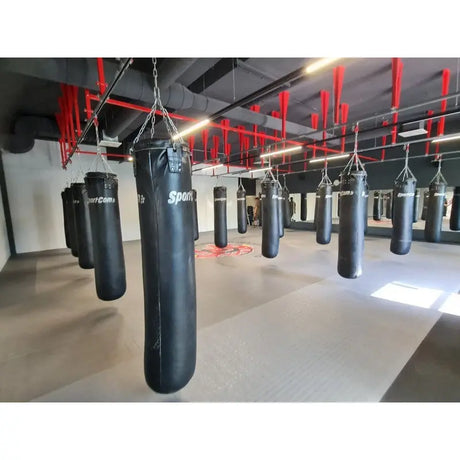 SportCom Überkopf-Förderschiene für Sandsäcke, in einem Gym mit roten Deckenstreben