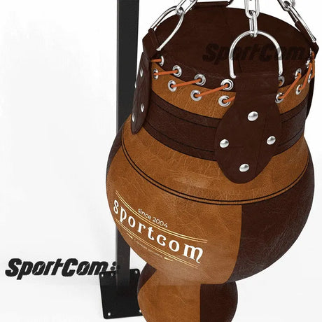 SportCom Vintage 3-in-1-Sandsack Echtleder, Detail der Oberseite mit Ösen, Lederriemen und Kettenaufhängung