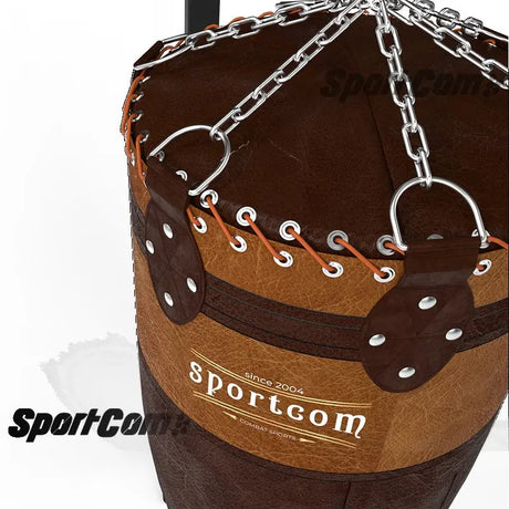 SportCom Vintage-Comete-Sandsack Echtleder: Detail der Ketten, Ösen und Lederschnürung oben
