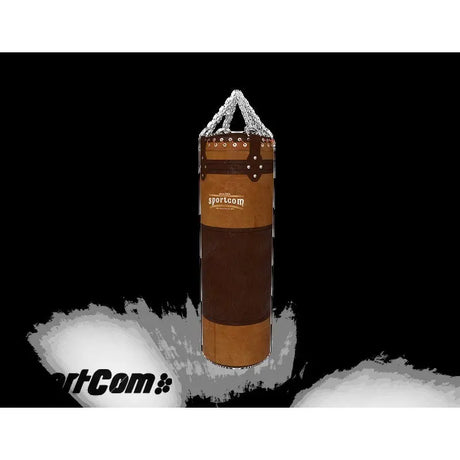 SportCom Vintage-Sandsack Echtleder 1,30 m freigestellt in brauner Lederoptik mit Aufhängung