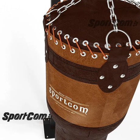 SportCom Vintage-Uppercut-Sandsack Echtleder als Detail der Kettenaufhängung und der Lederschnürung oben