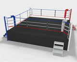 SportCom Wettkampf-Boxring mit 1 m Podium, Render mit schwarzer Ringfläche und Treppe