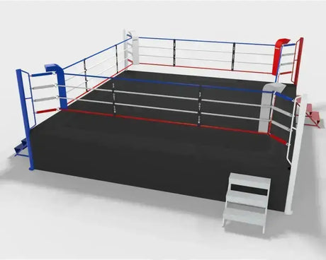 SportCom Wettkampf-Boxring mit 1 m Podium, Render mit schwarzer Ringfläche und Treppe