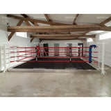 SportCom Wettkampf-Boxringseil mit Hülle, Bodenring mit roten Seilen und blauer Ecke unter Dachbalken