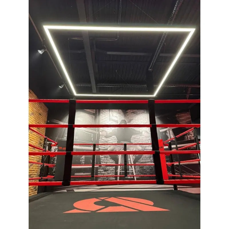 SportCom Wettkampf-Boxringseil mit Hülle, Boxring mit roten Seilen und Lichtrahmen in einem dunklen Studio