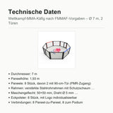 SportCom Wettkampf-MMA-Käfig 7 m auf Podium, Datenblatt mit Durchmesser, Paneelhöhe, Türen und Maschengeflecht