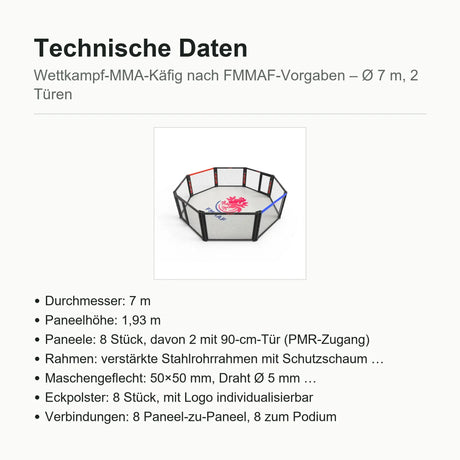 SportCom Wettkampf-MMA-Käfig 7 m auf Podium, Datenblatt mit Durchmesser, Paneelhöhe, Türen und Maschengeflecht