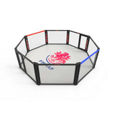 SportCom Wettkampf-MMA-Käfig 7 m auf Podium, Render in flacher Schrägansicht mit roter und blauer Ecke