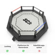 SportCom Wettkampf-MMA-Käfig Performance Oktagon, Render in Schrägansicht auf schwarzem Podium mit Treppe, Übersicht der Ausstattung