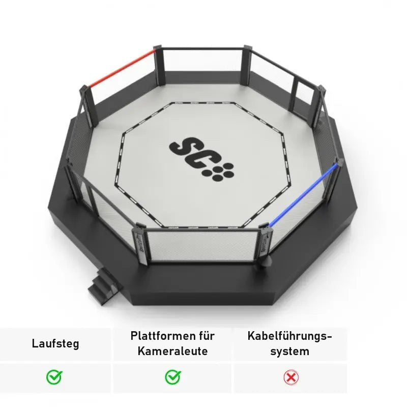 SportCom Wettkampf-MMA-Käfig Performance Oktagon, Render in Schrägansicht auf schwarzem Podium mit Treppe, Übersicht der Ausstattung
