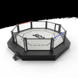 SportCom Wettkampf-MMA-Käfig Performance Oktagon, flache Seitenansicht des Oktagons auf dem Podium mit Kabelkasten