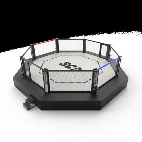 SportCom Wettkampf-MMA-Käfig Performance Oktagon, flache Seitenansicht des Oktagons auf dem Podium mit Kabelkasten