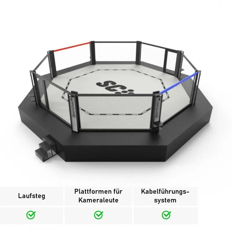 SportCom Wettkampf-MMA-Käfig Prestige – Schrägansicht mit Podest, Logo auf der Matte und Ausstattungsübersicht
