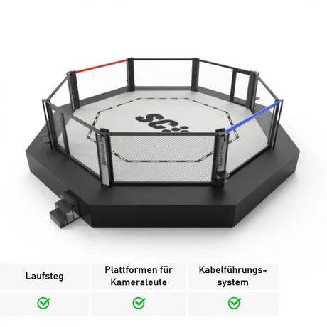 SportCom Wettkampf-MMA-Käfig Prestige – Schrägansicht mit Podest, Logo auf der Matte und Ausstattungsübersicht
