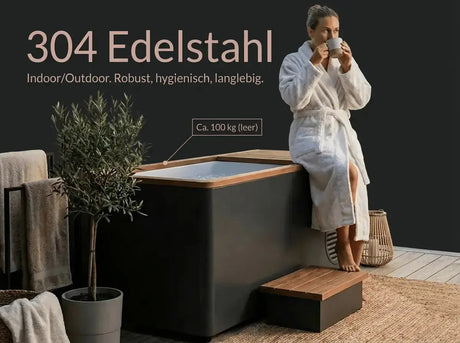 Swedish Cold Generation 4S Eisbad – Infografik zum Edelstahlbecken mit Frau im Bademantel