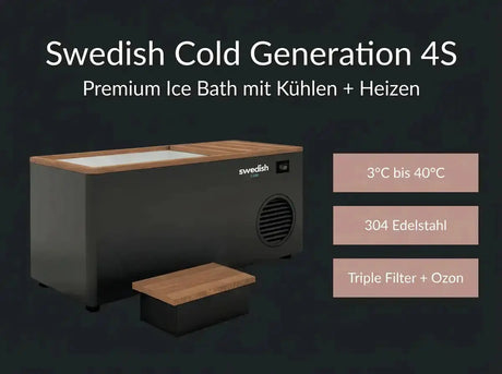 Swedish Cold Generation 4S Eisbad – Infografik mit Temperaturbereich, Edelstahl und Filter