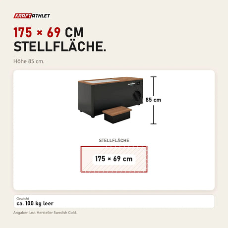 Maßbild Swedish Cold Generation 4S Eisbad: Stellfläche 175 × 69 cm, Höhe 85 cm