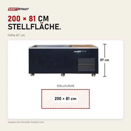 Maßbild Swedish Cold Generation 5 Eisbad: Stellfläche 200 × 81 cm, Höhe 87 cm