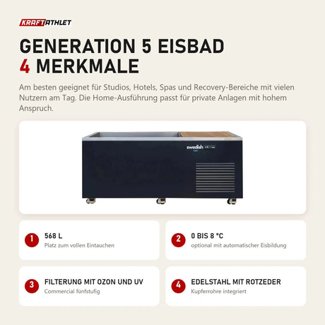 Swedish Cold Generation 5 Eisbad mit 4 Merkmalen: 568 L, 0 bis 8 °C, Filterung mit Ozon und UV, Edelstahl mit Rotzeder